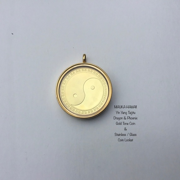 Yin Yang Taijitu Gold Tone Coin + Glass Stainless Locket + 60cm Stainless Chain - Picture 5 of 11